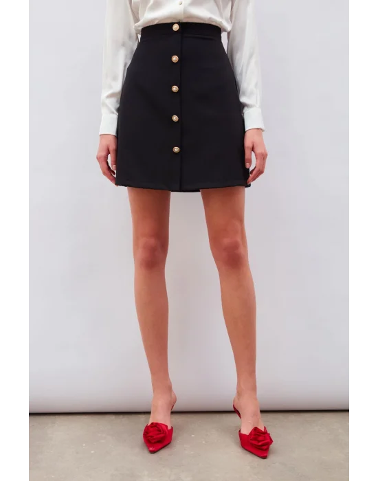 Düğme Detaylı Mini Etek - Siyah