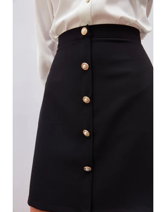Düğme Detaylı Mini Etek - Siyah
