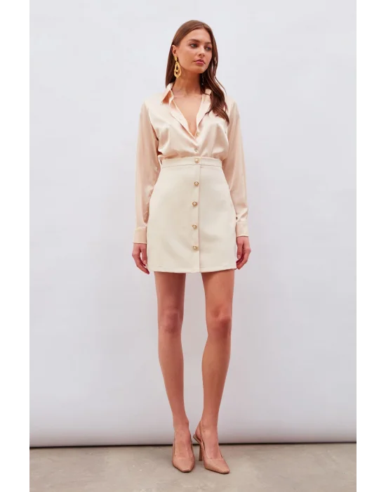 Düğme Detaylı Mini Etek Bej