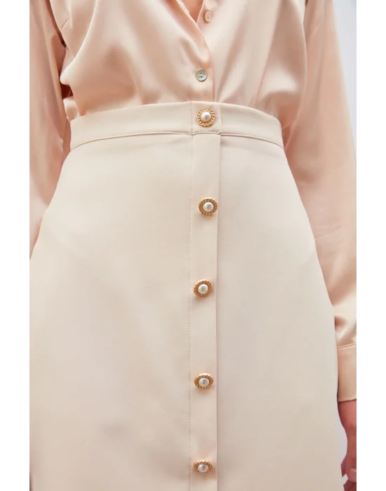 Düğme Detaylı Mini Etek Bej