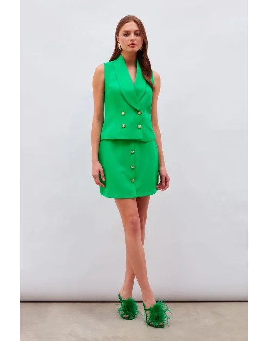 Düğme Detaylı Mini Etek - Yeşil