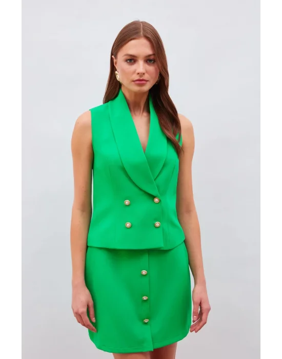 Düğme Detaylı Mini Etek - Yeşil