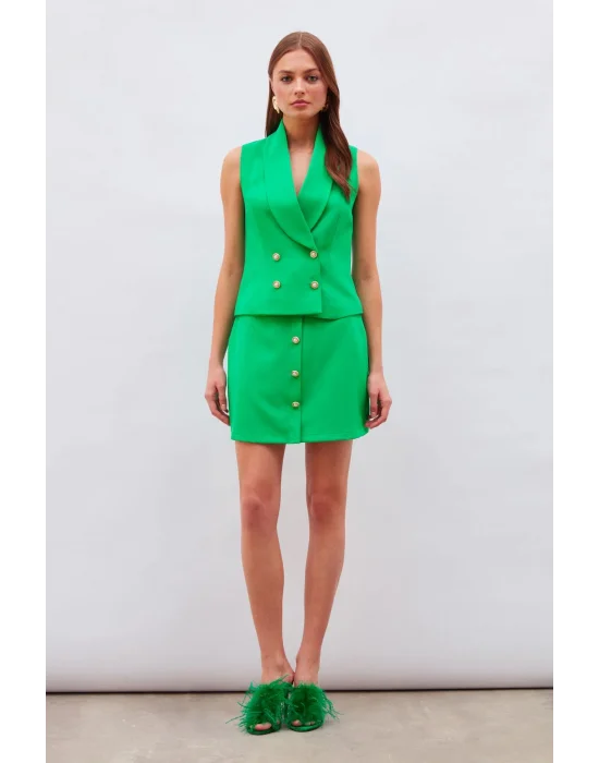 Düğme Detaylı Mini Etek - Yeşil