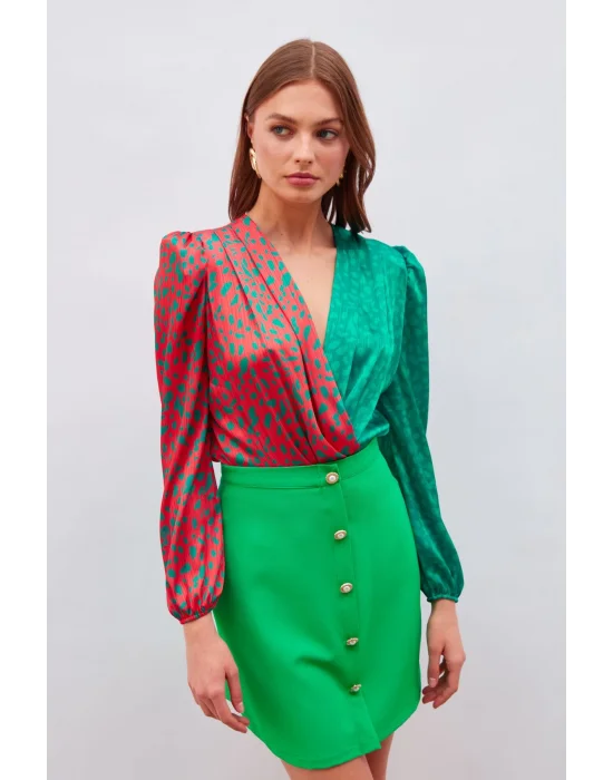 Düğme Detaylı Mini Etek - Yeşil