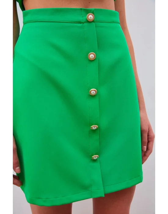 Düğme Detaylı Mini Etek - Yeşil