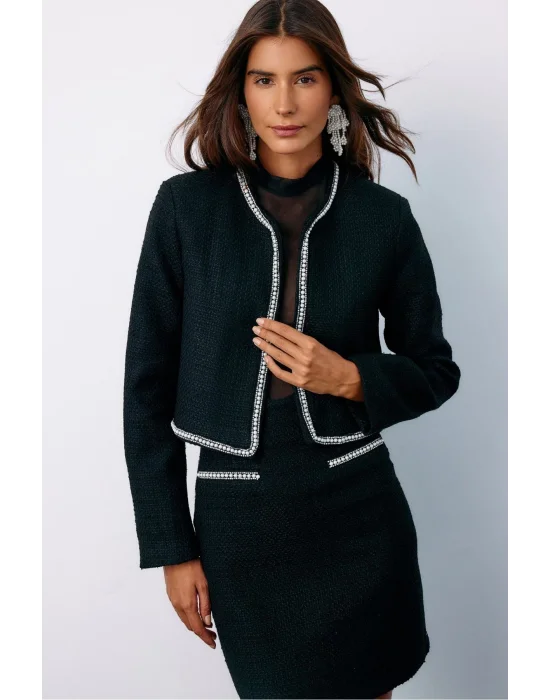 Aksesuar Detaylı Tüvit Ceket - SİYAH