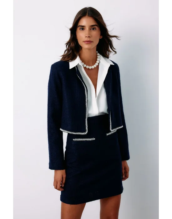 Aksesuar Detaylı Tüvit Ceket - LACİVERT