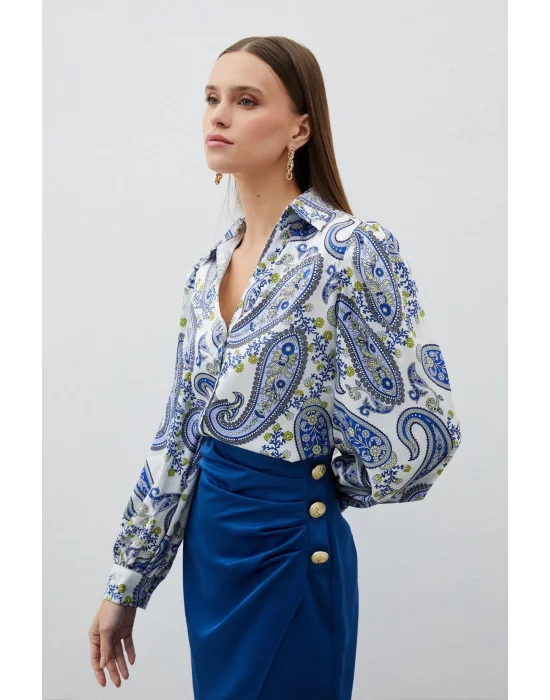 Kabarık Kol Desenli Gömlek - SAX MAVİ