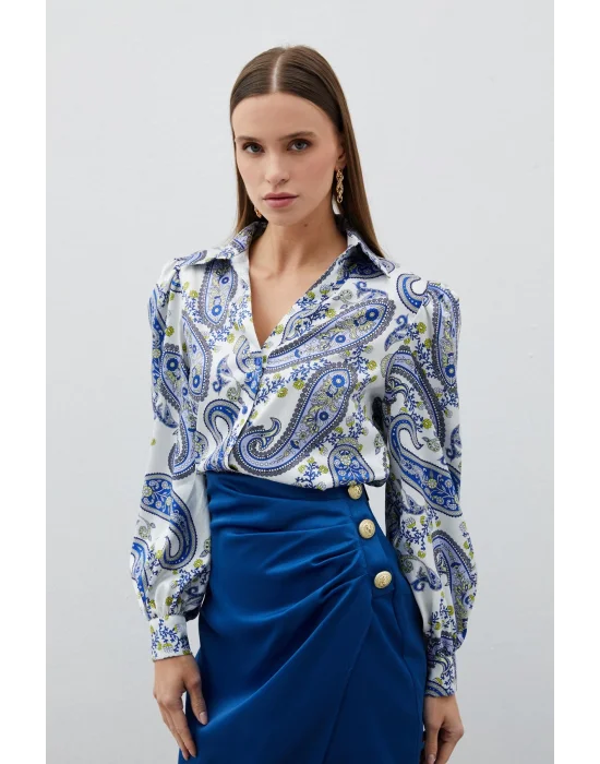 Kabarık Kol Desenli Gömlek - SAX MAVİ