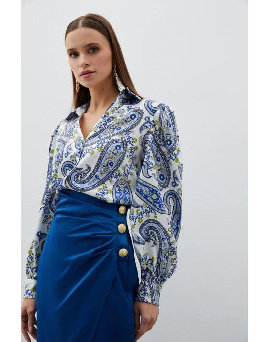 Kabarık Kol Desenli Gömlek - SAX MAVİ