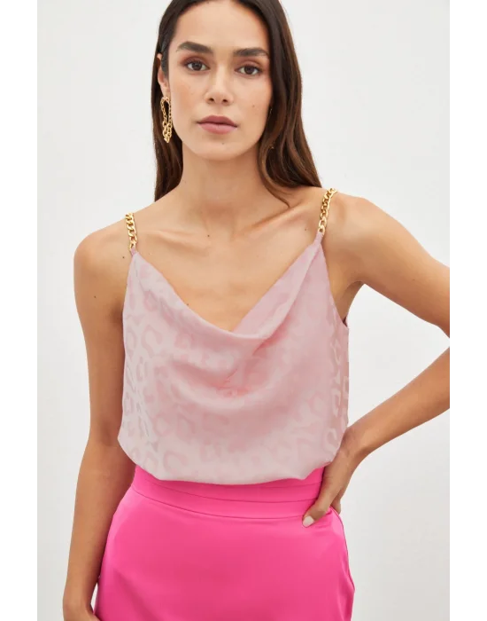 Zincir Askılı Saten Bluz - Pembe