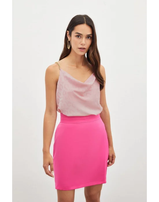 Zincir Askılı Saten Bluz - Pembe