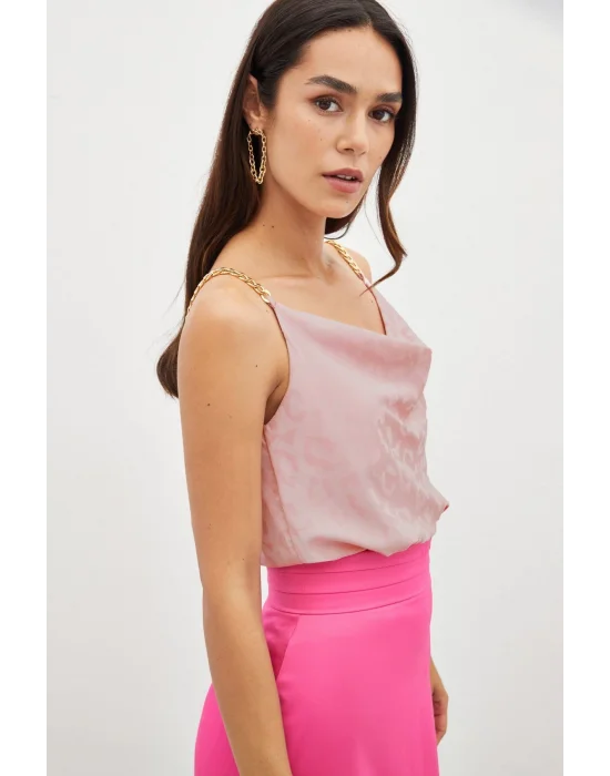 Zincir Askılı Saten Bluz - Pembe