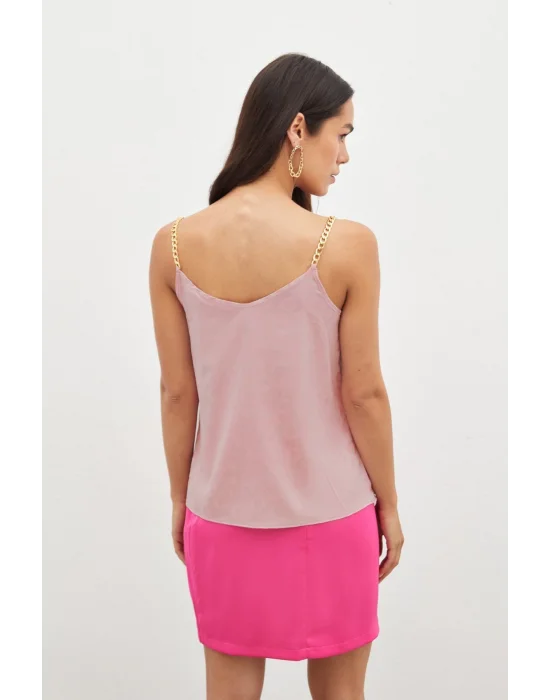 Zincir Askılı Saten Bluz - Pembe