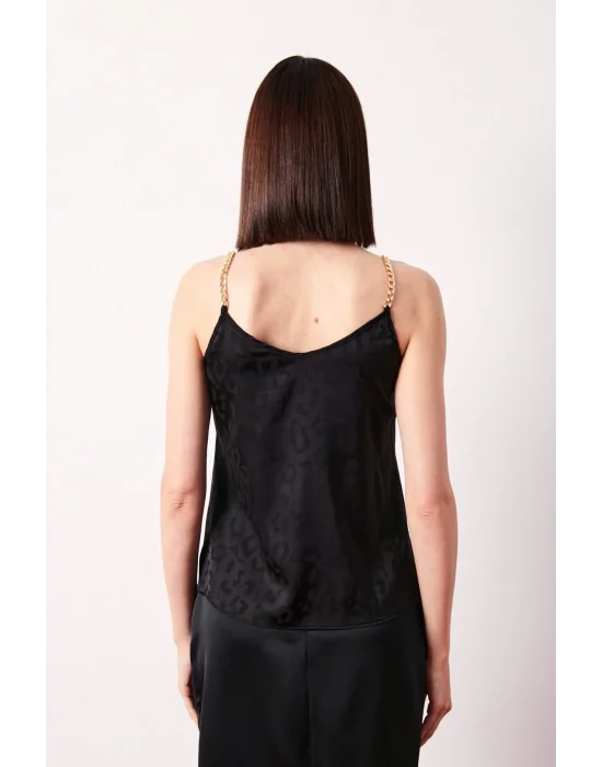 Zincir Askılı Saten Bluz - SİYAH