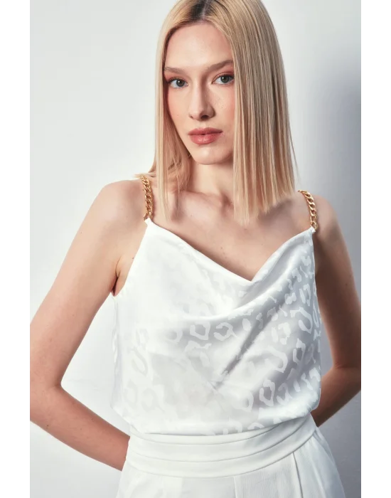 Zincir Askılı Saten Bluz - Ekru