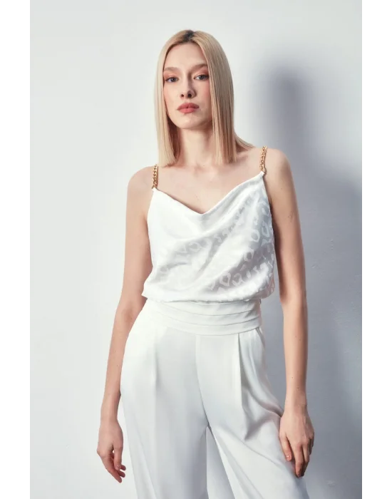 Zincir Askılı Saten Bluz - Ekru