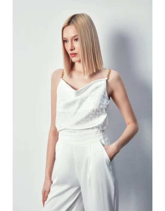 Zincir Askılı Saten Bluz - Ekru