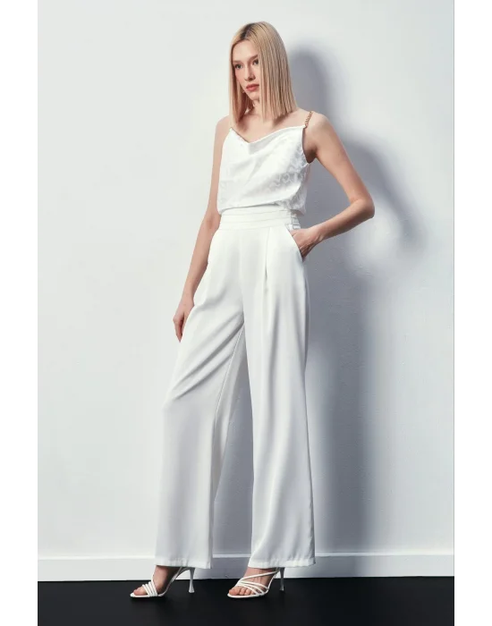 Zincir Askılı Saten Bluz - Ekru