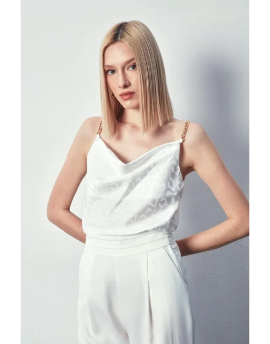 Zincir Askılı Saten Bluz - Ekru
