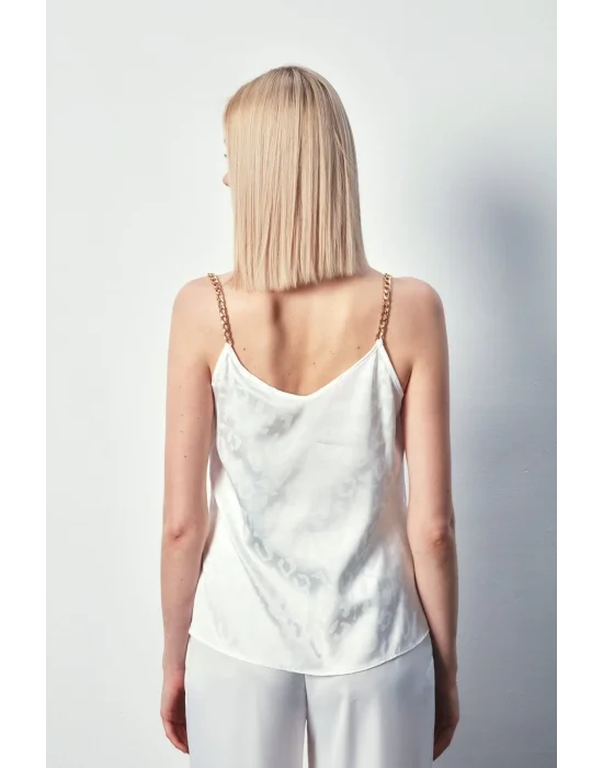 Zincir Askılı Saten Bluz - Ekru