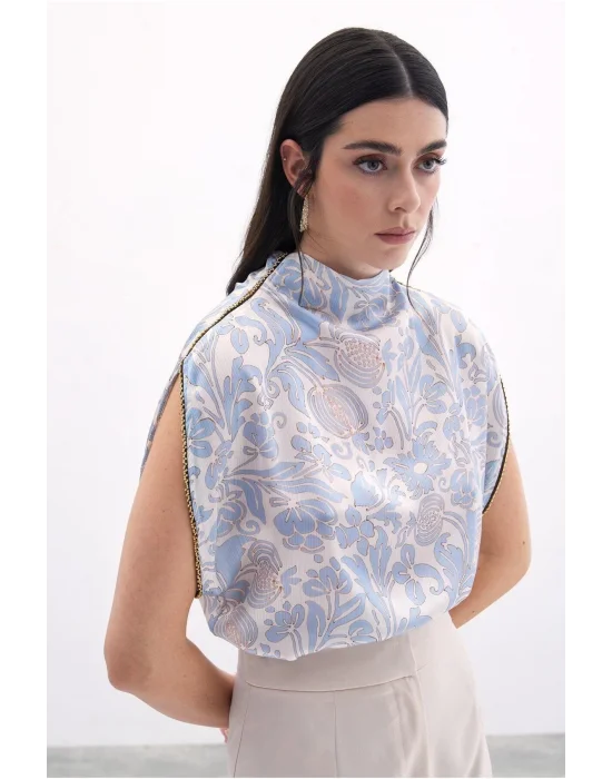 Aksesuarlı Yarasa Kol Bluz - Mavi