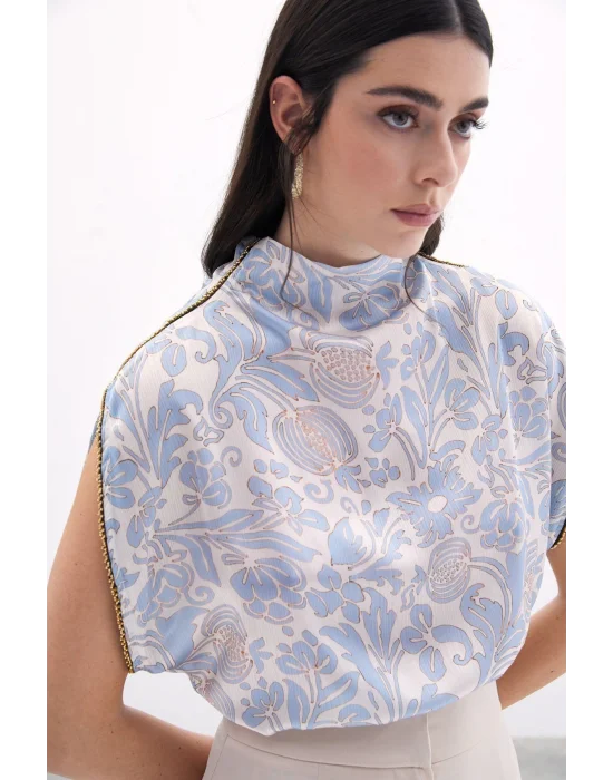 Aksesuarlı Yarasa Kol Bluz - Mavi