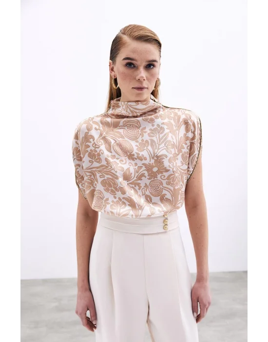 Aksesuarlı Yarasa Kol Bluz - Bej