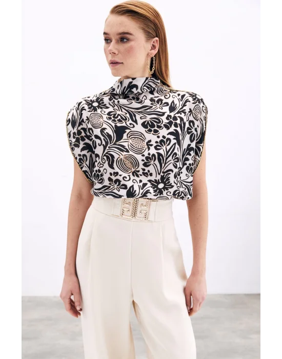 Aksesuarlı Yarasa Kol Bluz - Siyah