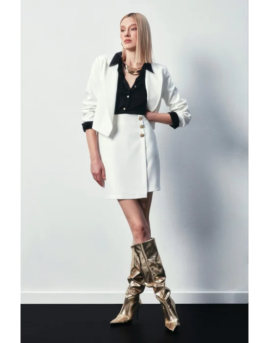 Kruvaze Düğme Detaylı Etek - Ekru