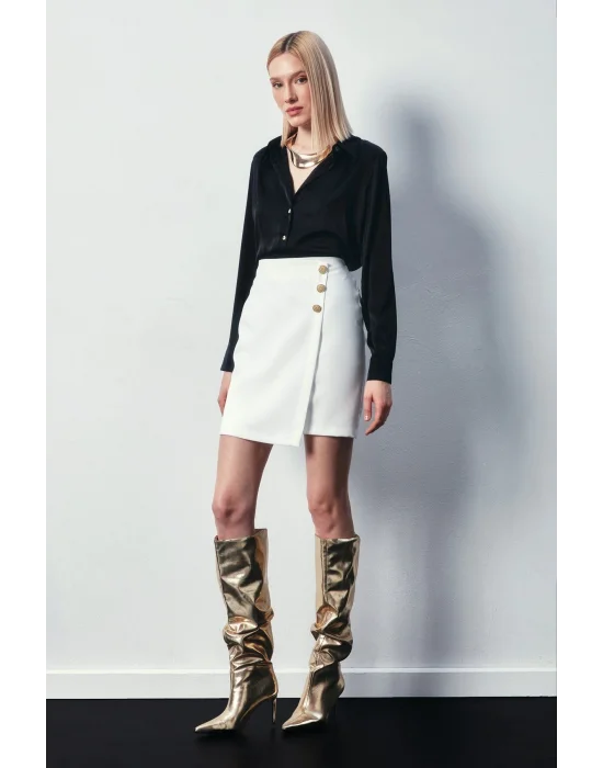 Kruvaze Düğme Detaylı Etek - Ekru