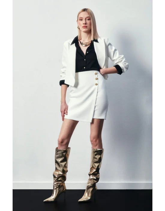 Kruvaze Düğme Detaylı Etek - Ekru