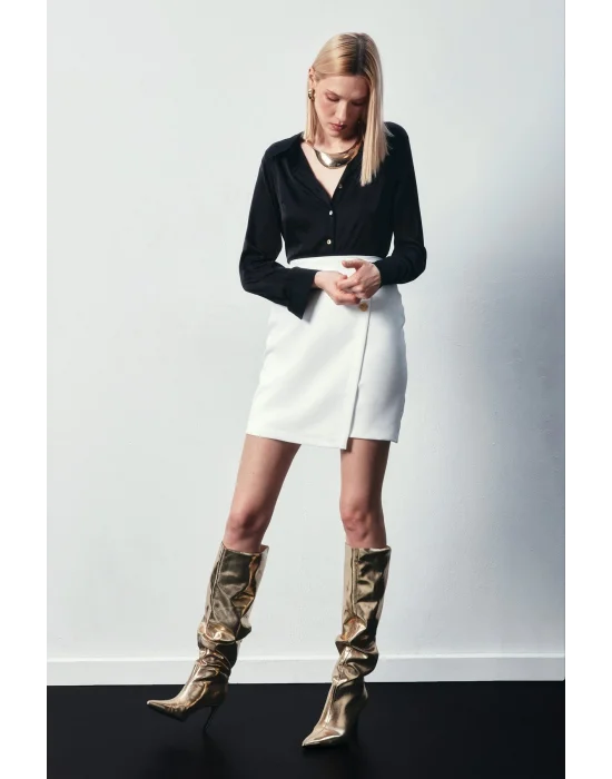 Kruvaze Düğme Detaylı Etek - Ekru