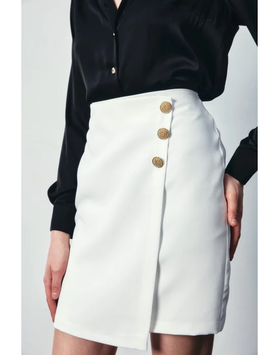 Kruvaze Düğme Detaylı Etek - Ekru