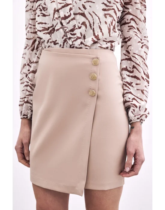 Kruvaze Düğme Detaylı Etek - Bej