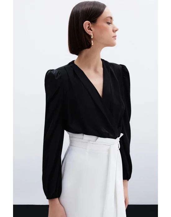 Kruvaze Saten Bodysuit Bluz - Siyah
