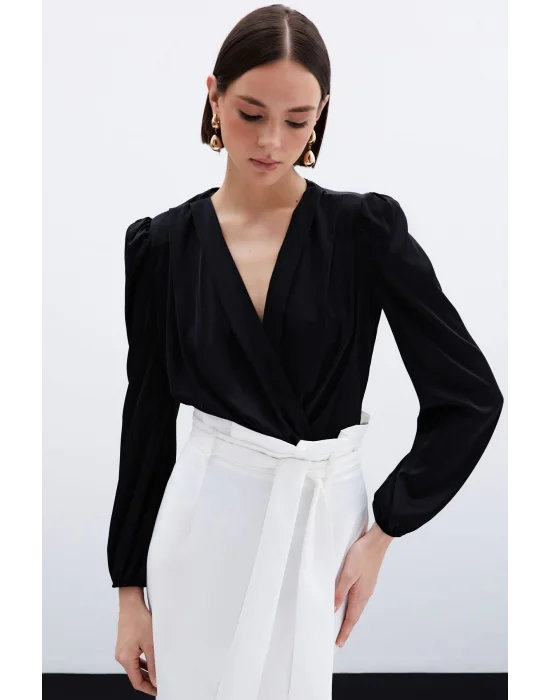 Kruvaze Saten Bodysuit Bluz - Siyah