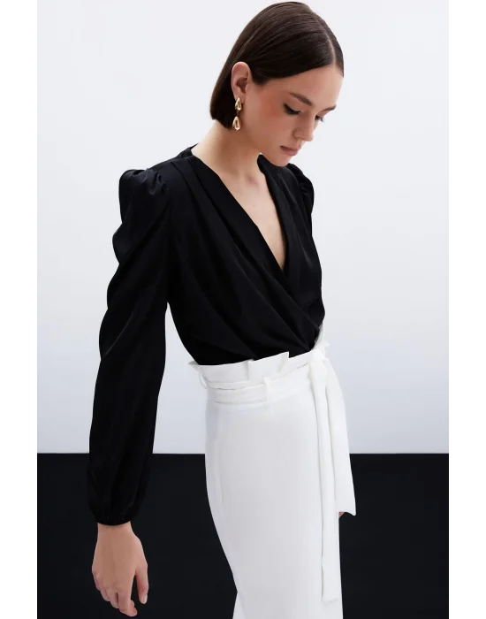 Kruvaze Saten Bodysuit Bluz - Siyah