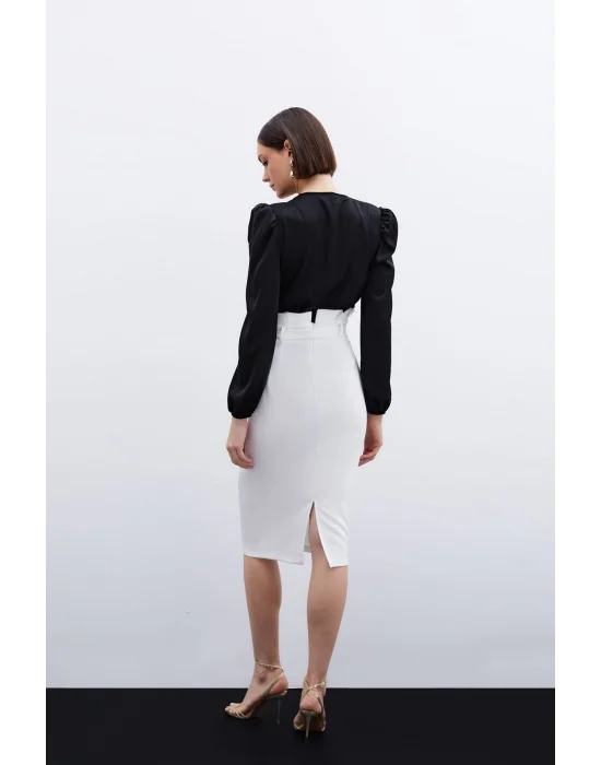 Kruvaze Saten Bodysuit Bluz - Siyah