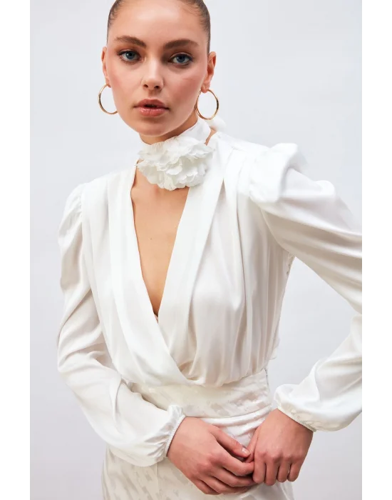 Kruvaze Saten Bodysuit Bluz - Ekru