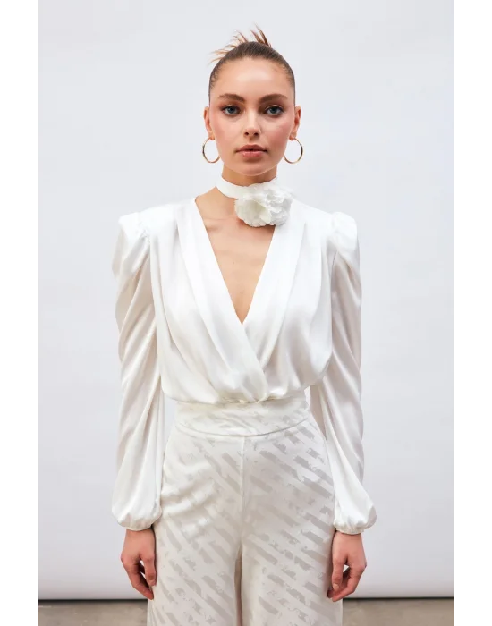 Kruvaze Saten Bodysuit Bluz - Ekru