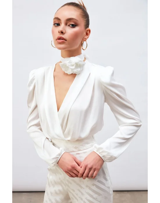 Kruvaze Saten Bodysuit Bluz - Ekru