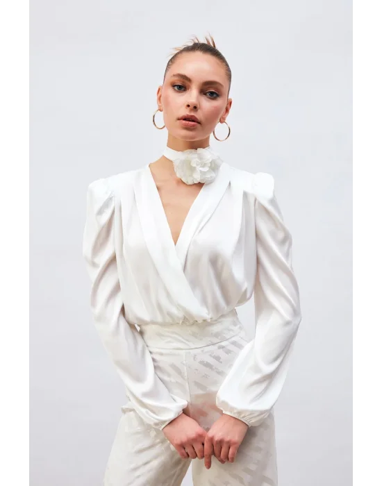 Kruvaze Saten Bodysuit Bluz - Ekru