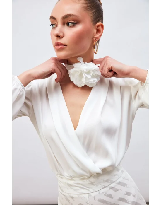 Kruvaze Saten Bodysuit Bluz - Ekru