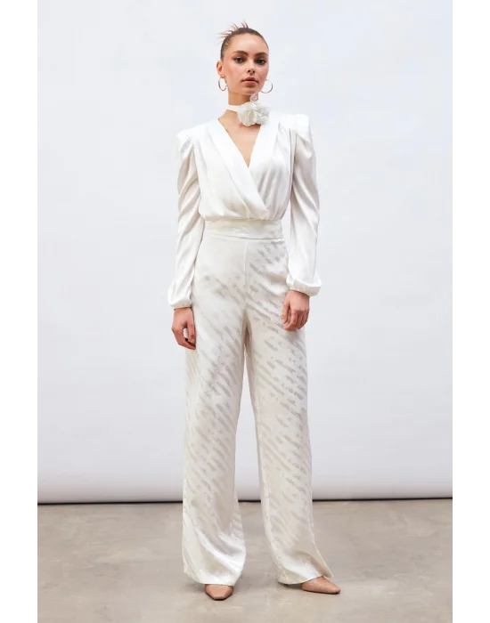 Kruvaze Saten Bodysuit Bluz - Ekru