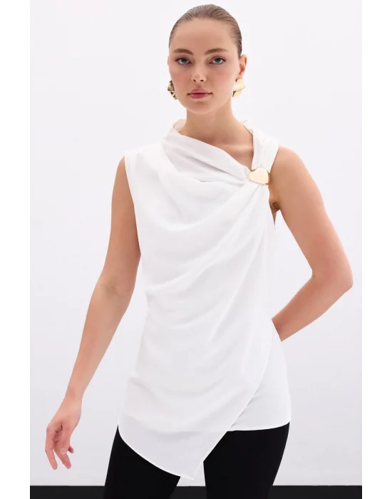 Tek Omuz Aksesuarlı Bluz - Ekru