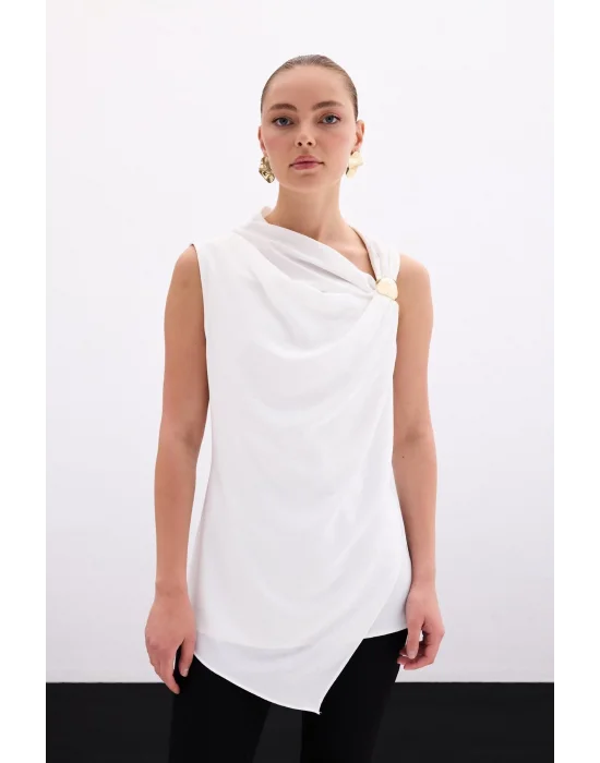 Tek Omuz Aksesuarlı Bluz - Ekru