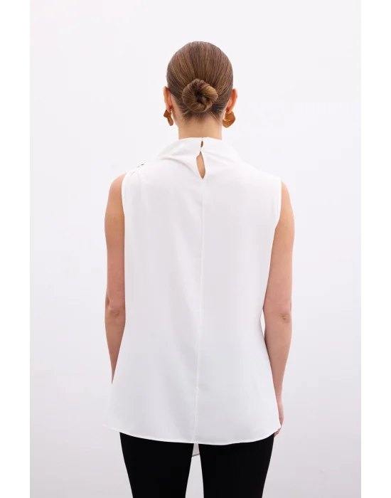 Tek Omuz Aksesuarlı Bluz - Ekru