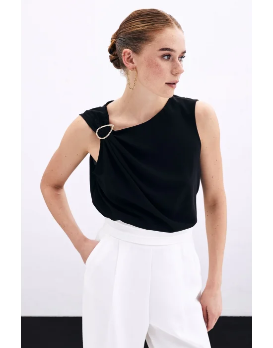 Tek Omuz Detaylı Bluz - Siyah