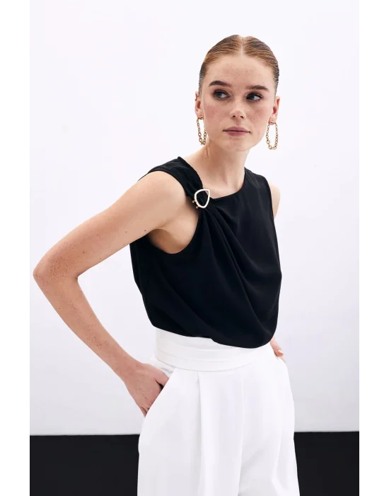 Tek Omuz Detaylı Bluz - Siyah